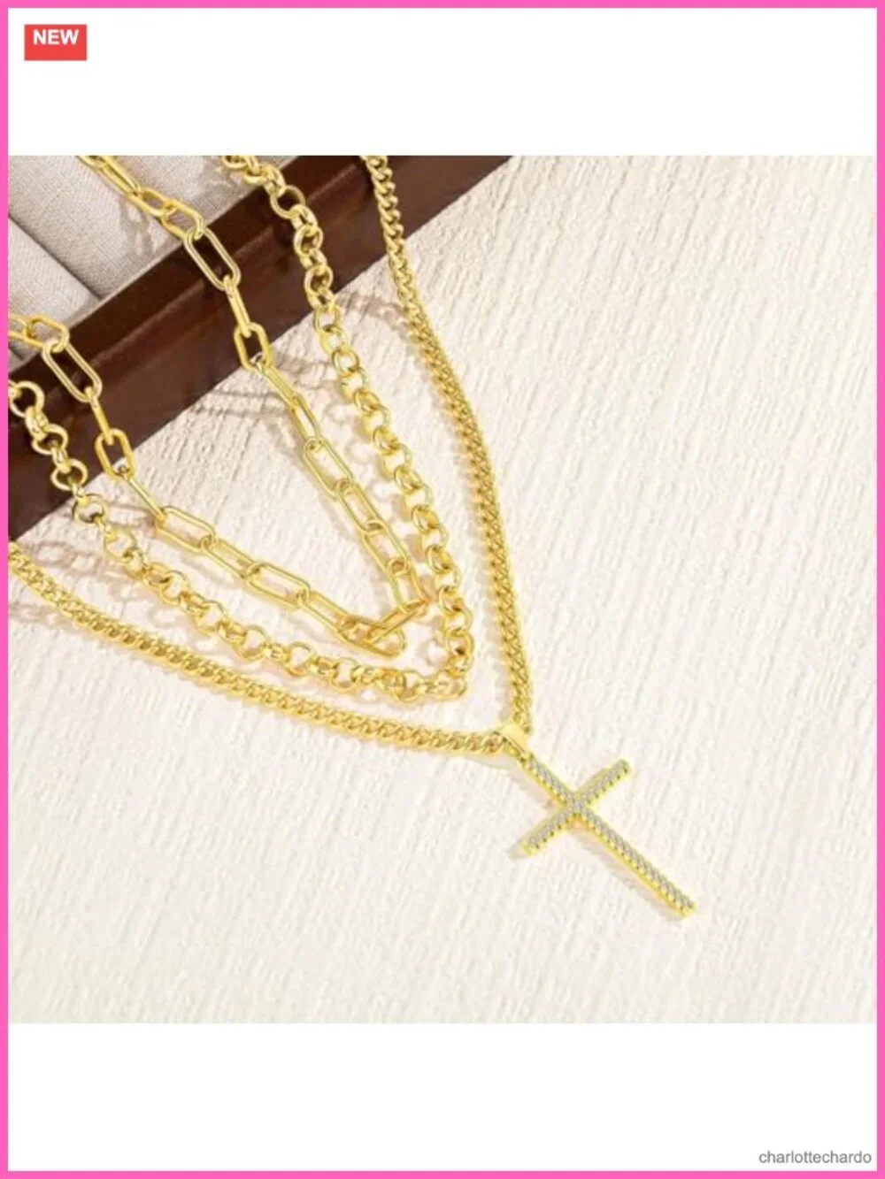 14K Gold Plated Layered Cross Pendant Necklace Set 3 Pc Paperclip Cuban Link